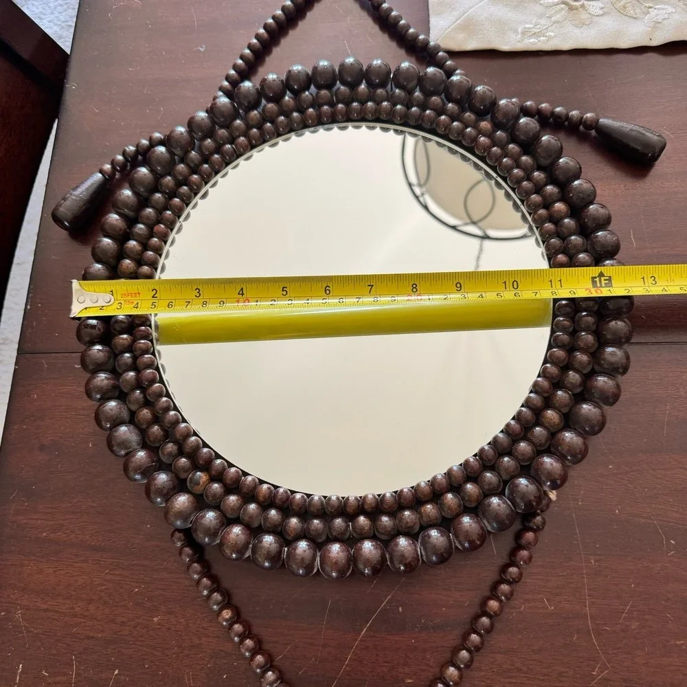 Vintage Hanging Wooden Beaded Round Mirror 1970s Boho Chic Eclectic Accent Wall